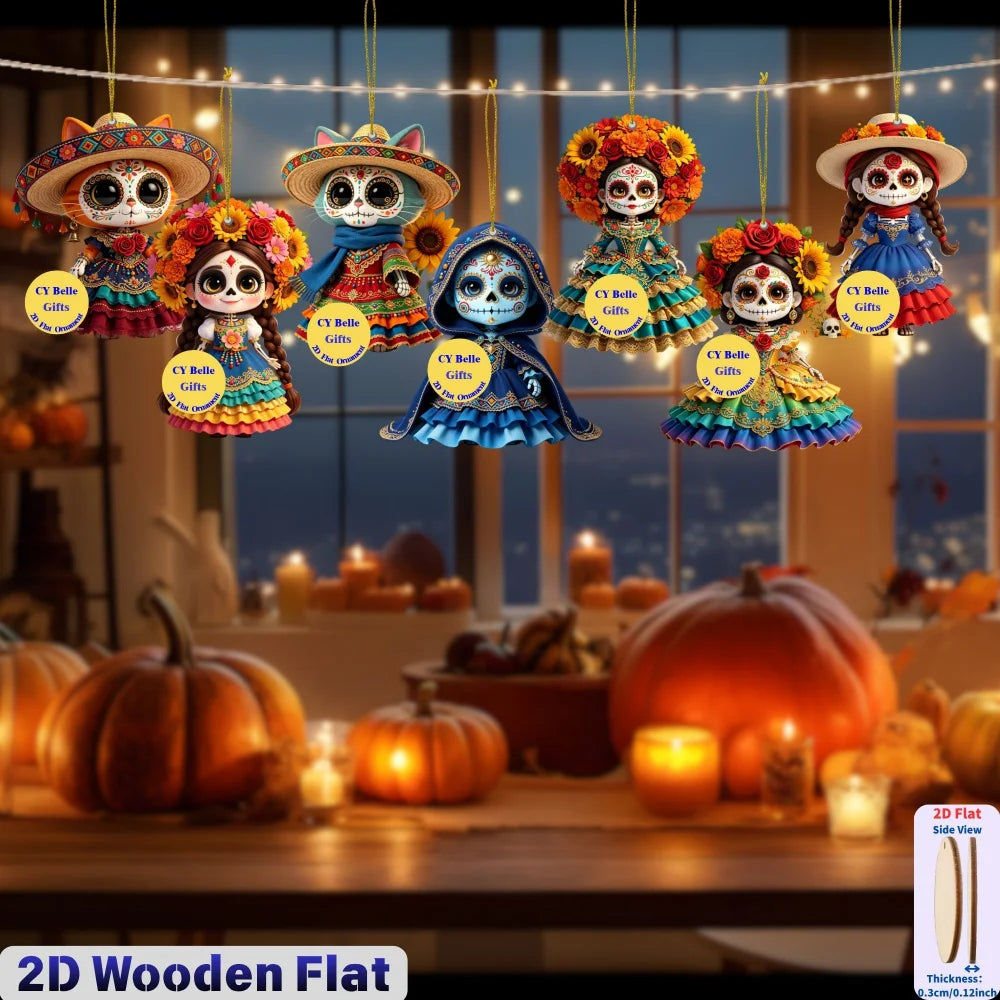 2D Flat Wooden Candy Skull Hanging Ornaments Halloween Day