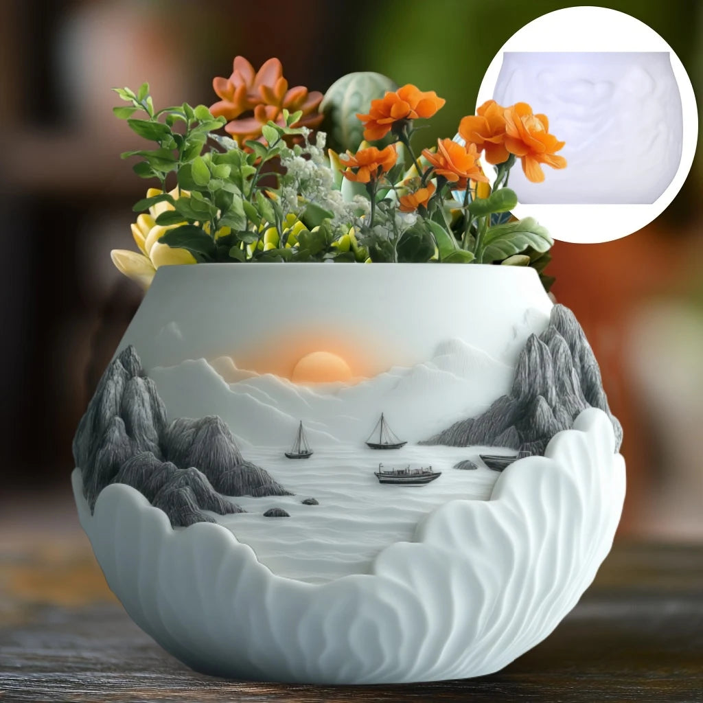 Sea Bay Canyon Relief Succulent Plant Flower Pot Resin Silicone Mold Mountain Range Sea Sunrise Relief Storage Box Gypsum Molds