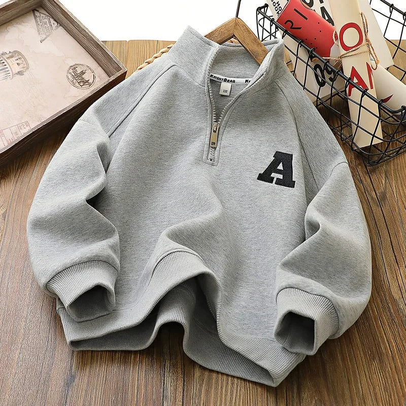 Boys & Girls 2025 New Arrival Mid-Big Size Spring/Autumn Stylish Stand Collar Semi-Zip Base Layer Sweatshirt