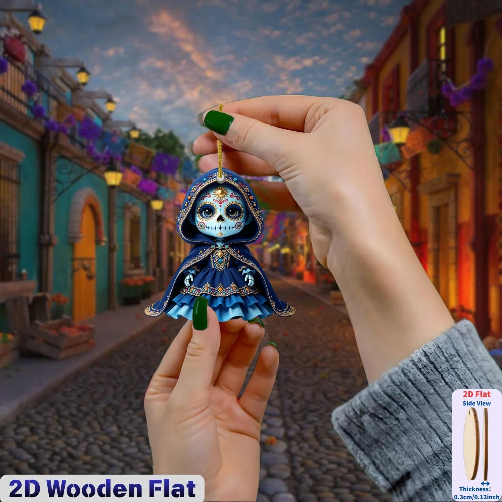 2D Flat Wooden Candy Skull Hanging Ornaments Halloween Day