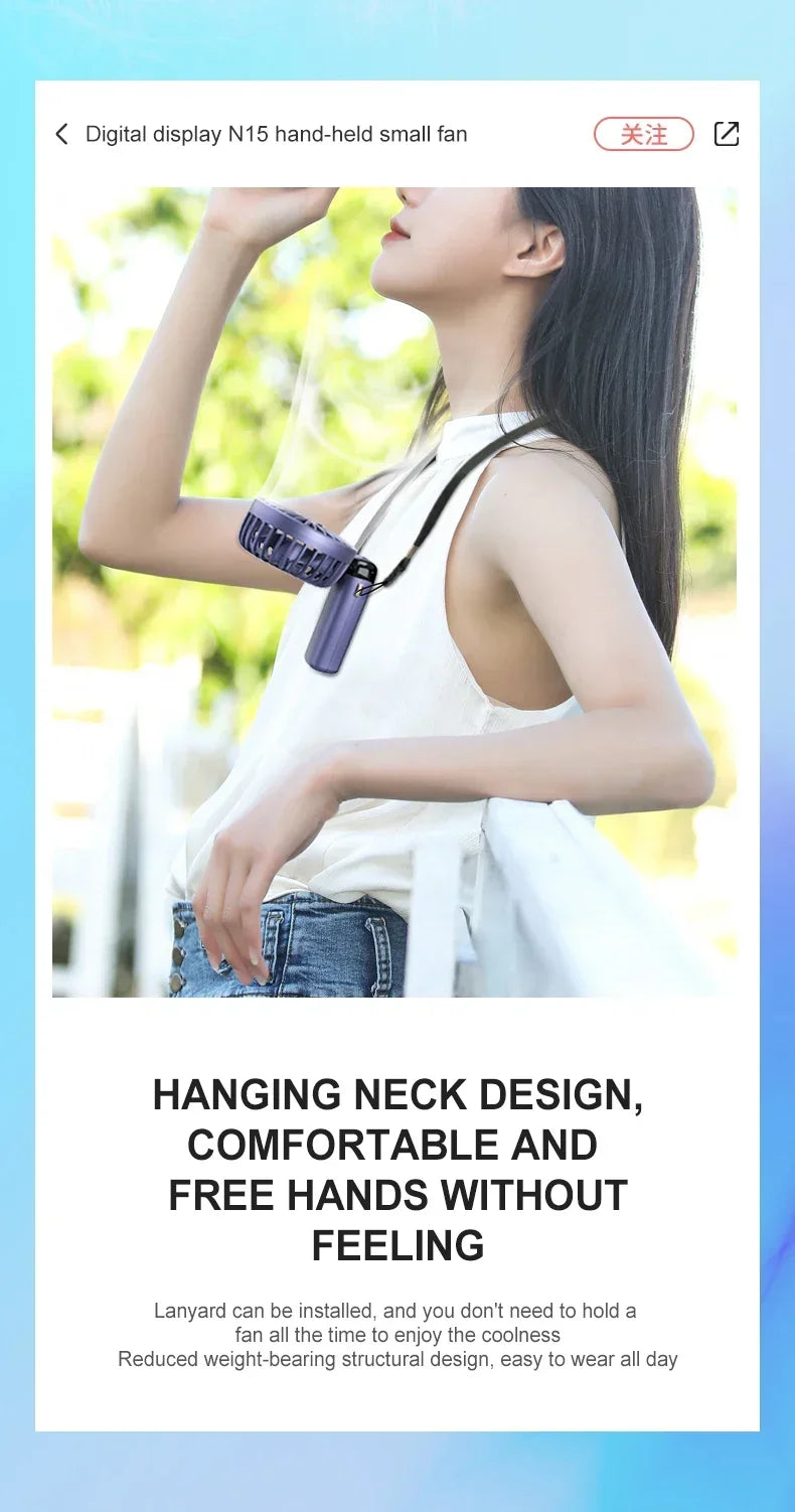 Portable Neck Fan with LED Display & Phone Stand – 1800mAh Rechargeable