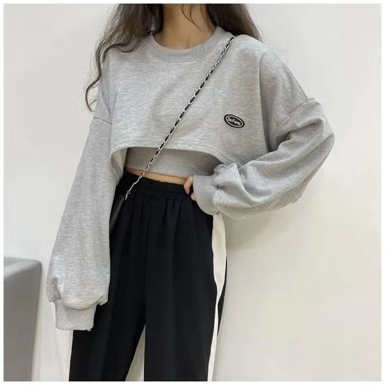 Oversized Crop Sweatshirt and Spaghetti Strap Top Women's Streetwear 2 Piece Set 4 Color Options Sweatshirts Kpop Casual Clothes