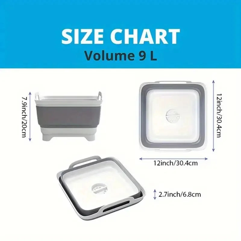 2.4 Gal(9L) Collapsible Dish Basin with Drain Plug, Space Saving Outdoor Multiuse Foldable Sink Tub, Dishpan, Kitchen Storage