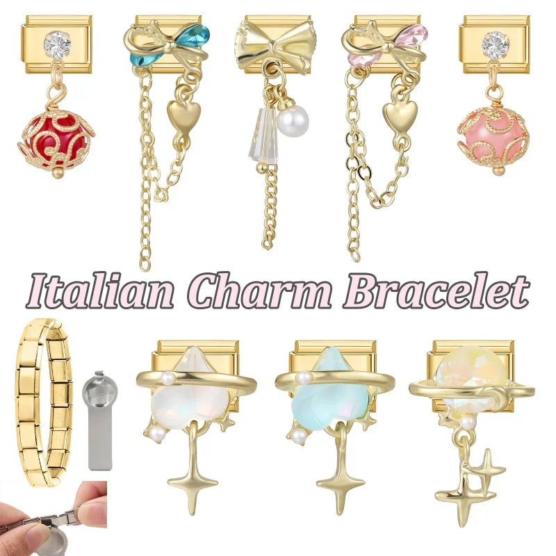 Y2K Elegant Design Bow Heart Golden Pendant Italian Chain Charm