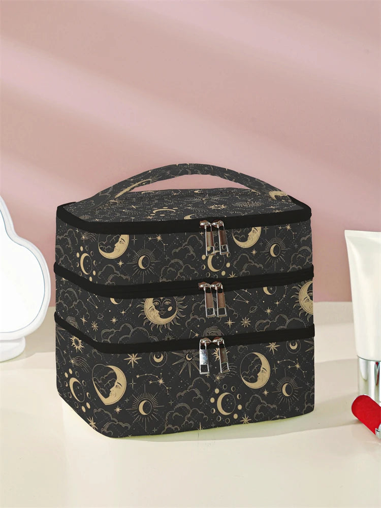 1Pc, Moon and Star Pattern 3-Layer Cosmetic Bag, Multi-Functional Makeup Management Bag, Bathtub Shower, Wallet, Portable Cosmetics, Lipstick, Brush, Skin Care Organizer 1Pc, Starry Sky Pattern 3-Layer Cosmetic Bag, Multi-Fun