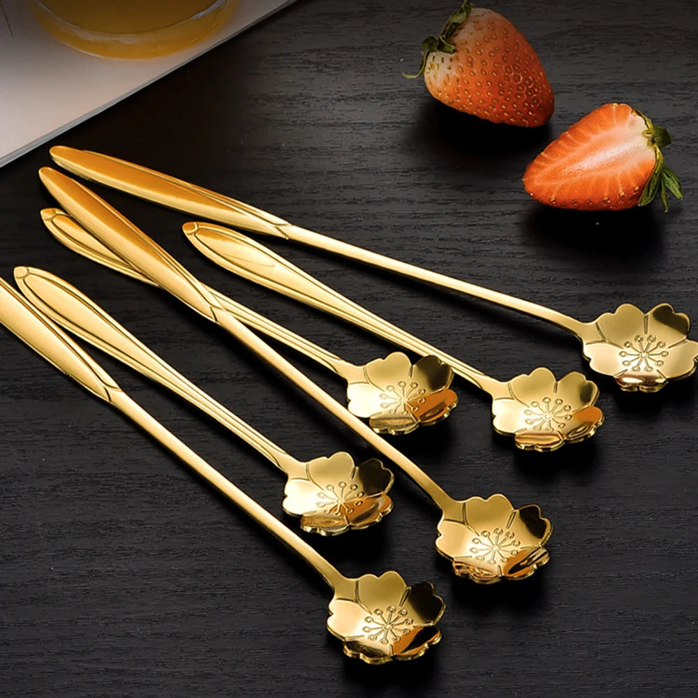 Flower Shape Coffee Spoon Gold Stainless Steel Dessert Spoon Ice Cream Scoop Tableware Kitchen Accessories