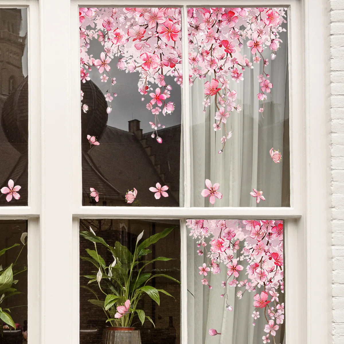 NEW 1 Set Pink Flower Static Window Stickers Diy Wallpaper Wall Sticker Decals Festival Home Decor Crafts Window Cling Sticker
