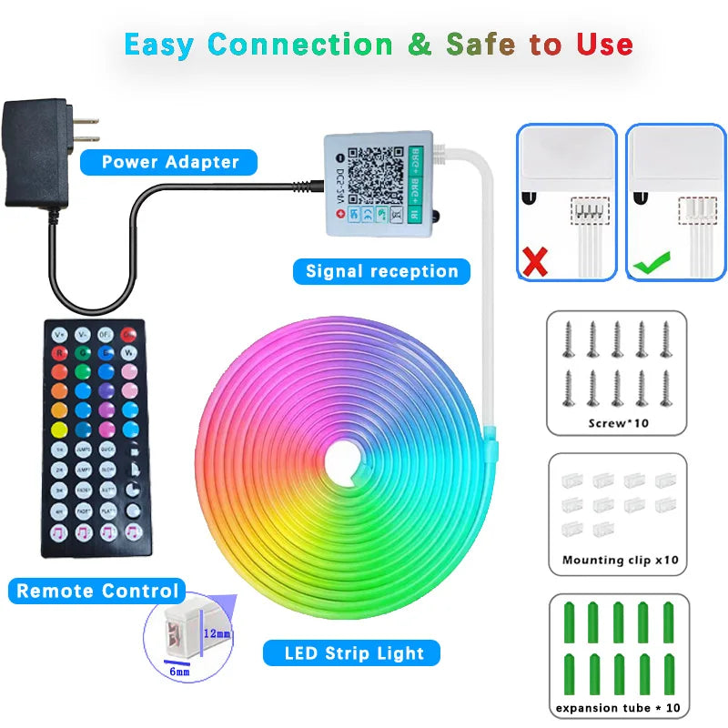 RGB LED Neon Rope Lights APP Control Music Sync IP65 Waterproof Flexible Multi Modes Remote for Indoor Outdoor Bedroom Living Room Gaming Room Party Decoration