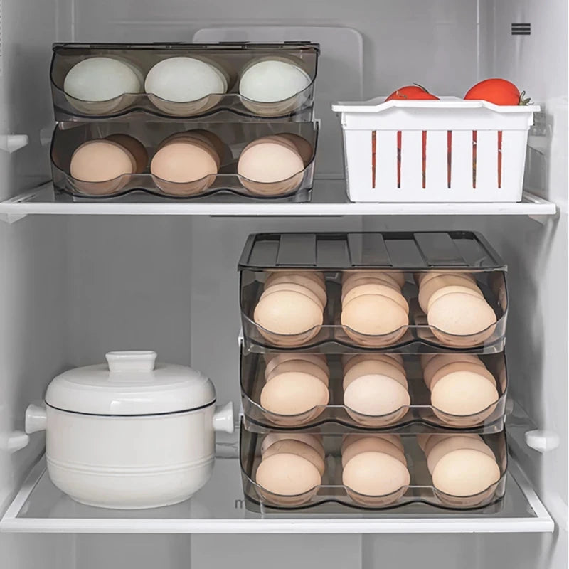 Automatic Slide Egg Storage Box Transparent Drawer, Stackable Rolling Eggs Rack Egg Tray Holder Basket, Kitchen Fridge Organize