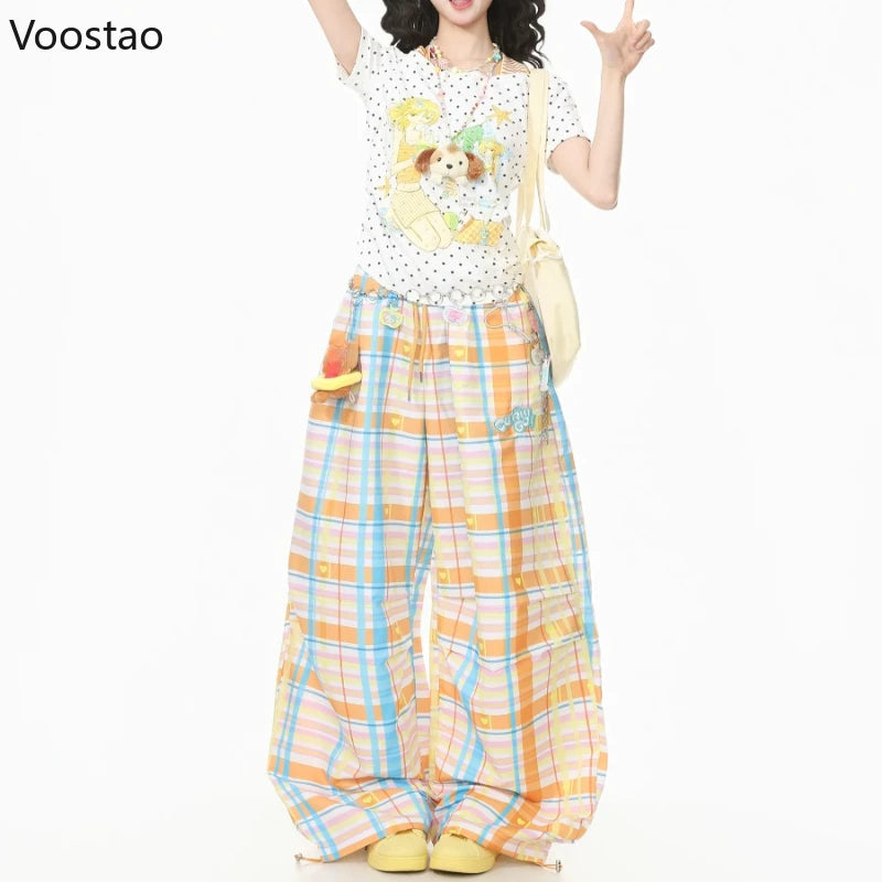 Sweet Y2K Plaid Heart Print Wide Leg Cargo Pants Women Casual Cute