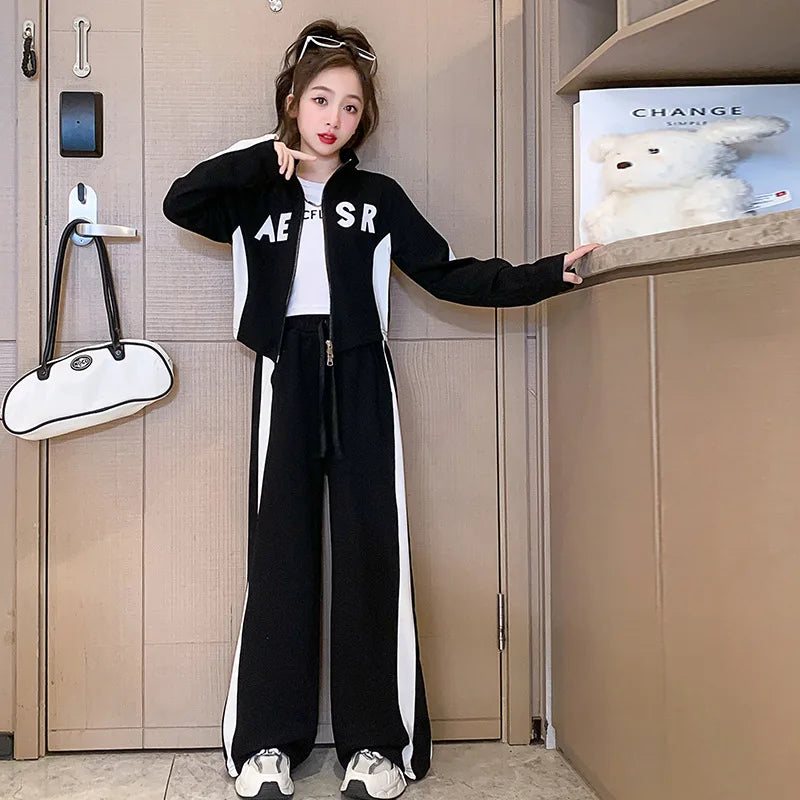 Girls Patchwork Alphabet 2-Way Zip Sweatshirt Jacket+Sweatpant Workout Set School Kids 2PCS Tracksuit Child Jogger Outfit 7-16Yr