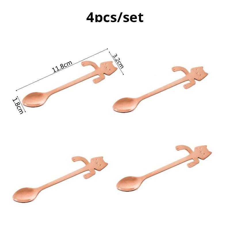 4pcs/set Stainless Steel Mini Cat Kitten Design Stainless Steel Coffee/Tea/Dessert/Drink/Mixing/Milkshake Spoon Flatware Gadgets