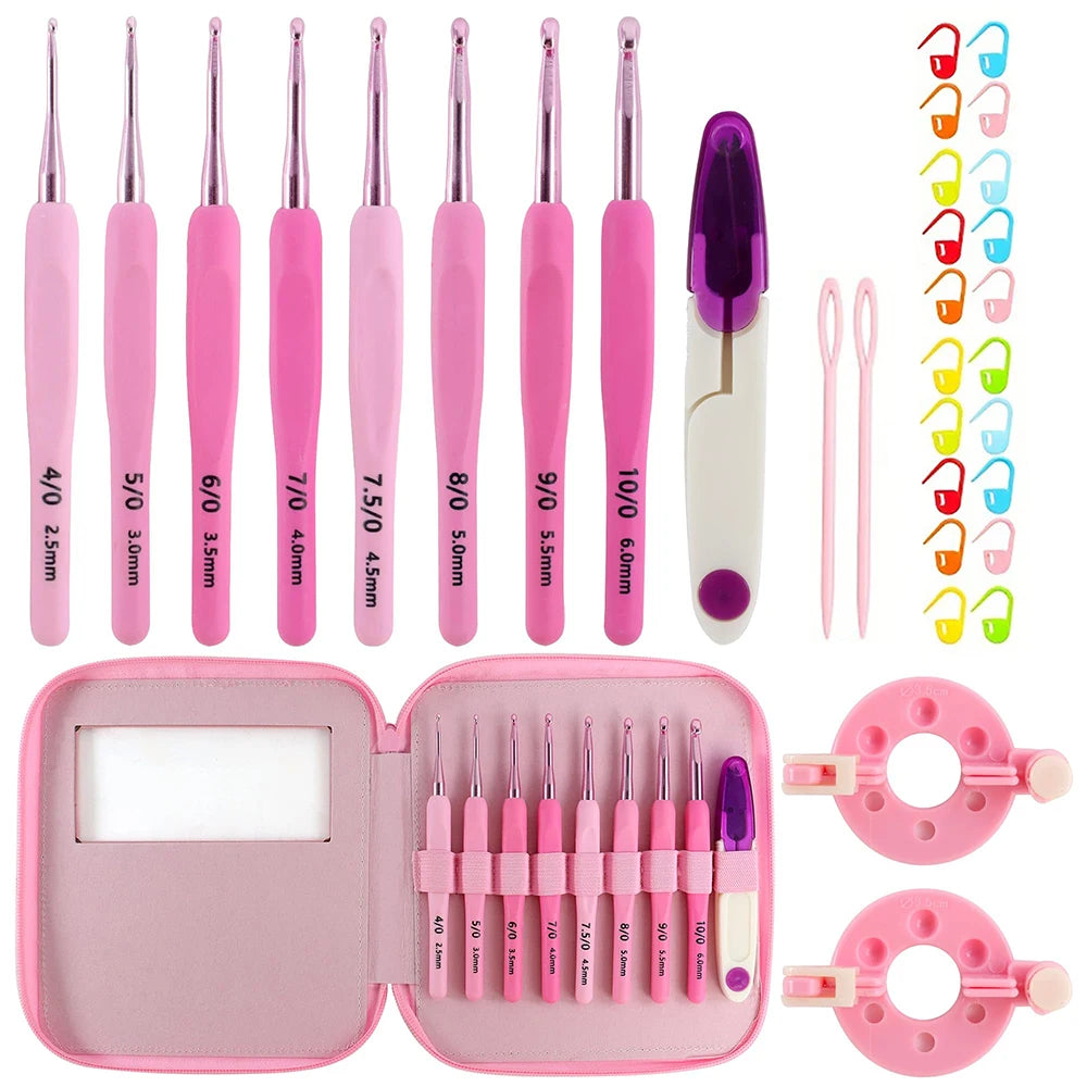 9pcs/set 2.0mm-6mm Pink Gradient Aluminum Crochet Hooks Ergonomic Soft Handle Crochet with Case Crochet Kit for Beginners