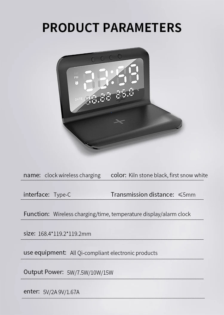 Wireless Charger Pad Stand with Alarm Clock Thermometer for iPhone 14 13 12 11 X Xiaomi Samsung 15W Phone Fast Charging Station