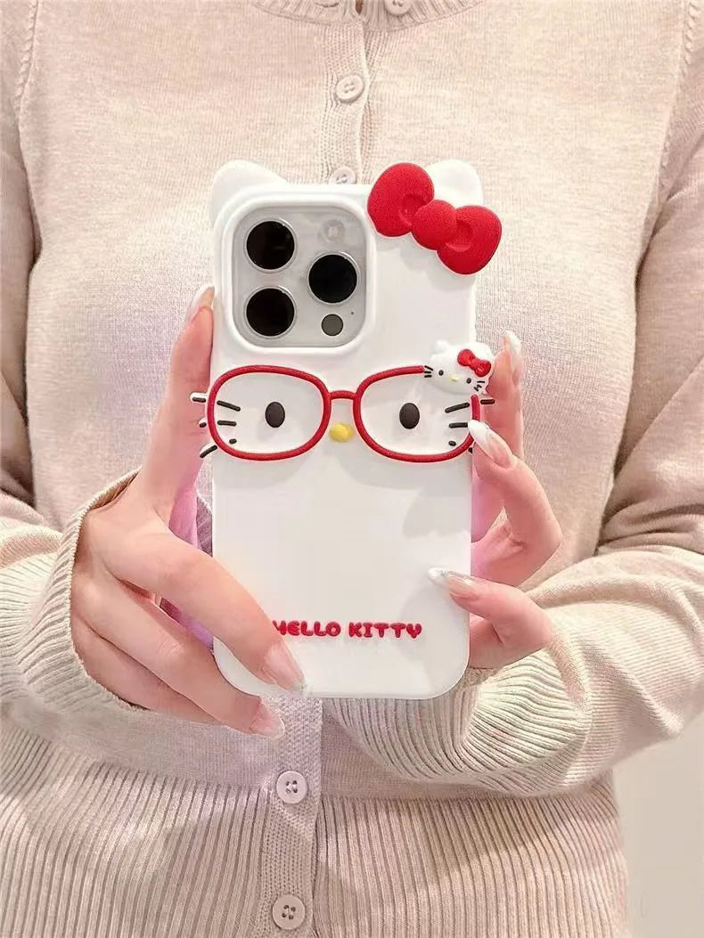 Hello Kitty 3D Cat-Eye Glasses Silicone Phone Case for iPhone 17 Pro Max 16 15 Plus 14 13 Mini 12 11 4 4S 5 5S 7 8 SE Shockproof