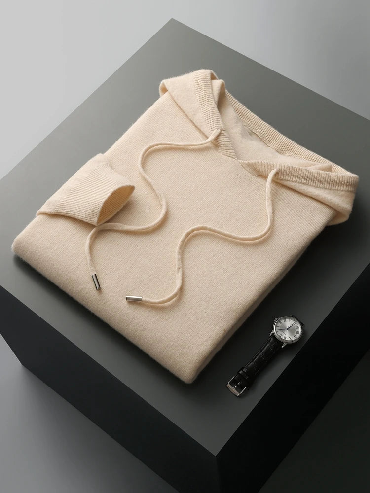 MVLYFLRT Men's 100% Merino Wool Sweater Hooded Collar Knitted Pullover Sweatshirt Autumn Winter Casual Large Tops Long Sleeved