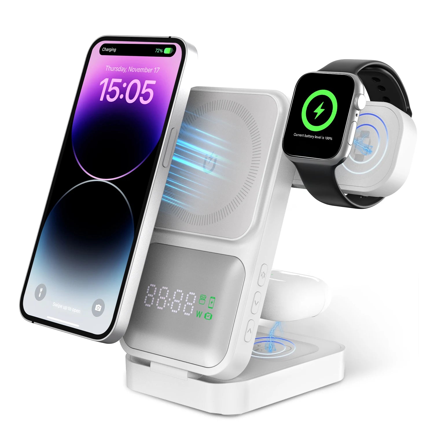 3in1 Foldable Wireless Charger Qi2 Multifunctional Stand Clock Wireless Charger Adapter Type-c Station For iPhone 16 15 Pro Max