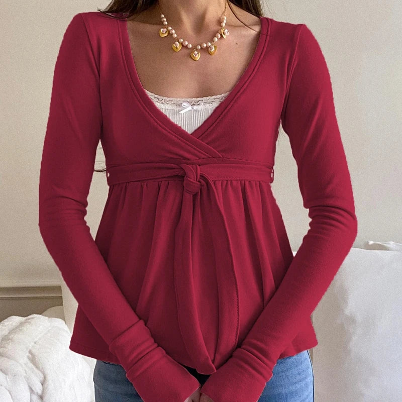 Women Autumn Vintage Y2K Crop Tops Cottage Bandage Babydoll