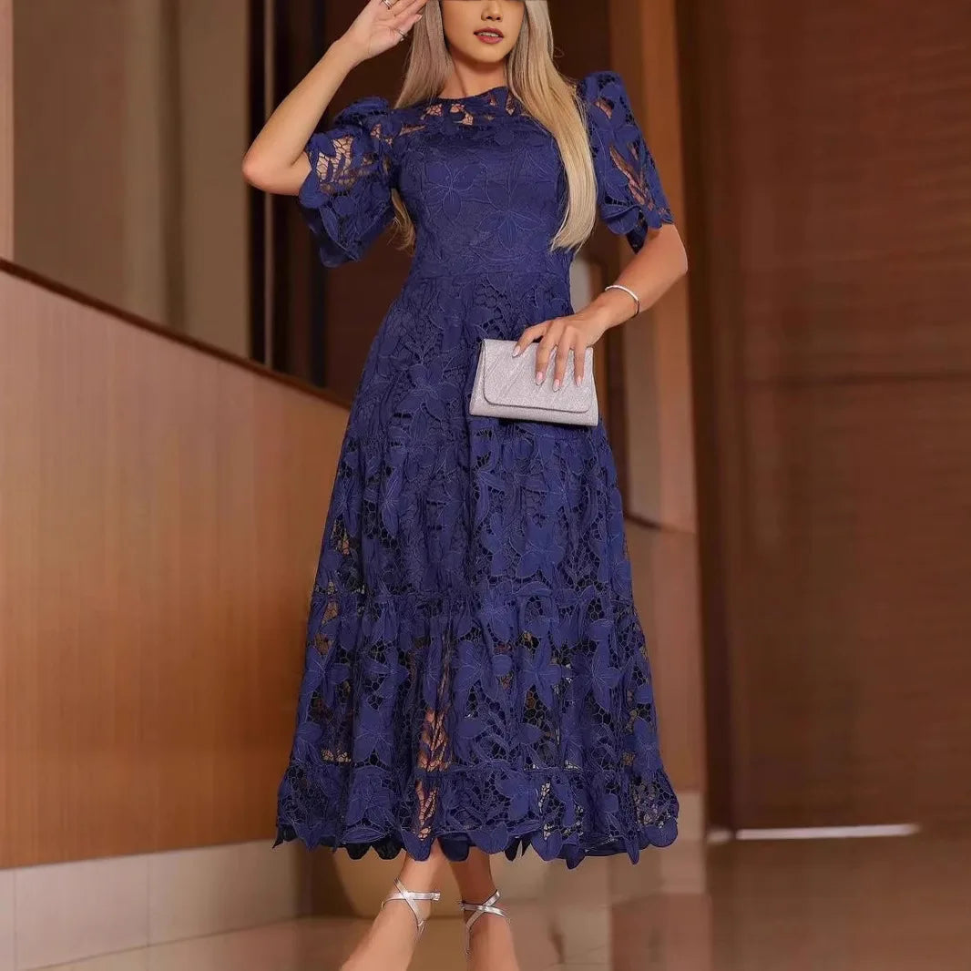 Women Hollow Out Dresses A Line Solid Dress Ankle