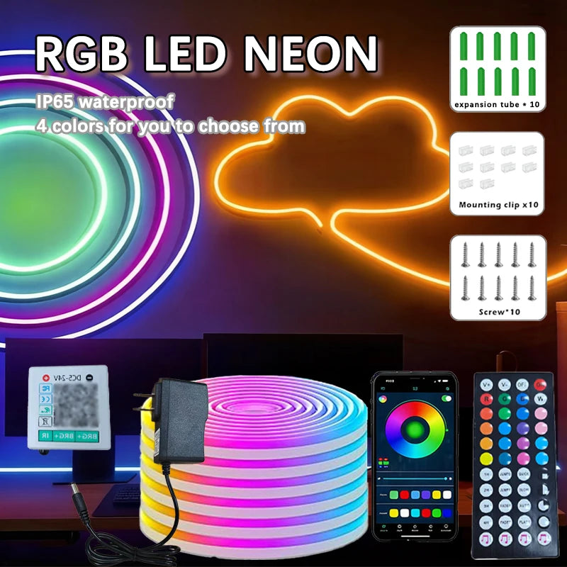 RGB LED Neon Rope Lights APP Control Music Sync IP65 Waterproof Flexible Multi Modes Remote for Indoor Outdoor Bedroom Living Room Gaming Room Party Decoration