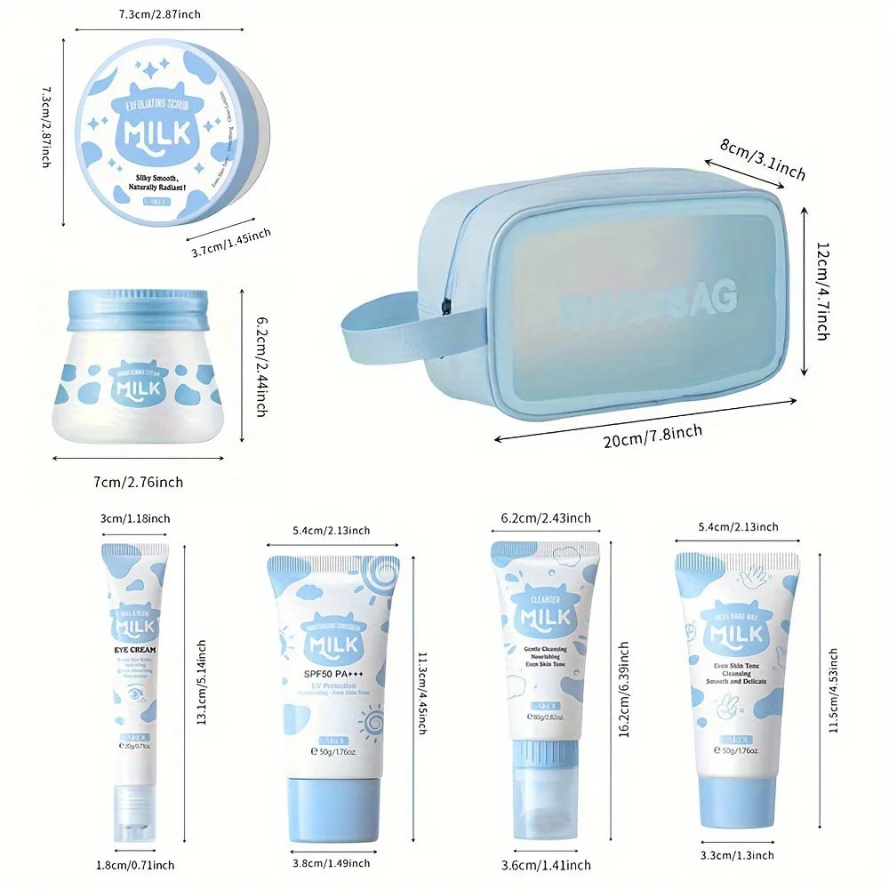 7 Pack Milk Skin Care Kit: Moisturizing Body Cleansing Milk, Body Scrub, Hand Products, Eye Cream and Storage Bag