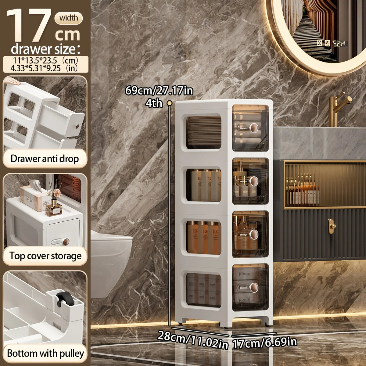Home Narrow Space Storage Cabinet - Drawer Style - Kitchen Gap Cabinet - Bathroom Storage Cabinet - Bathroom Storage Unit