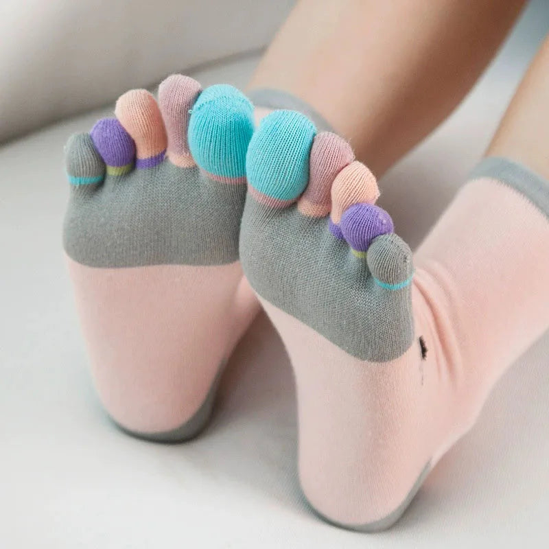 Cute Short Toe Socks Women Girl Cotton Striped Cat Love Fashion Sweat-Absorbing Anti-Bacterial Breathable Warm Five Finger Socks