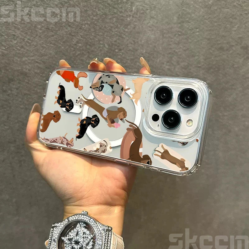 Cute Dachshund Bulldog Pattern Magnetic Phone Case For iPhone 17 16 15 14 13 12 11 Pro Max 16E X XS XR Clear Hard Cover