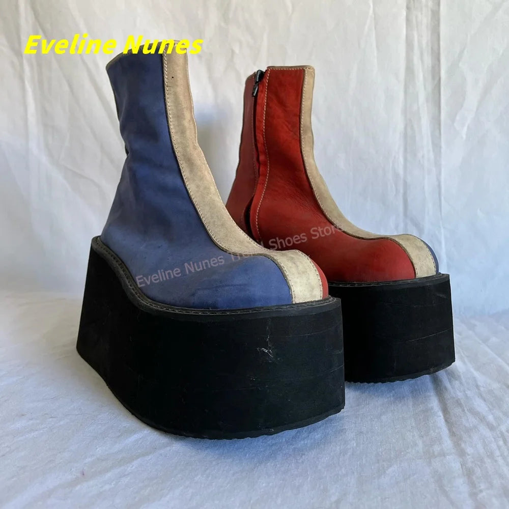 Y2K Red Blue Platform Ankle Boots Round Toe Side Zipper Color