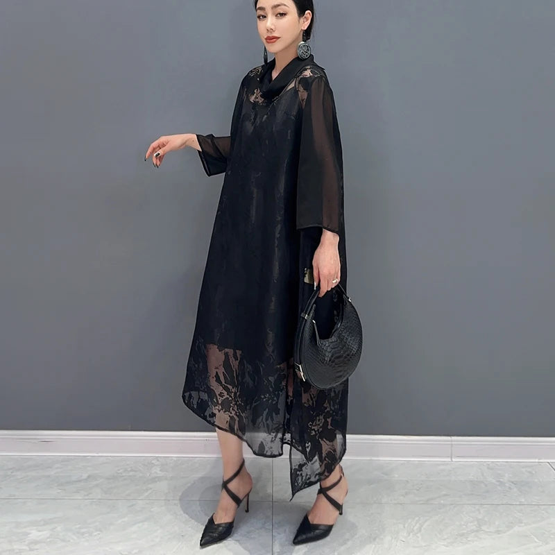 Loose Fit Chic New 2024 Summer Woman Solid Black Organza Dress Unique Wear Korean Style Large Mesh Dress Big Size Robe JJXD806