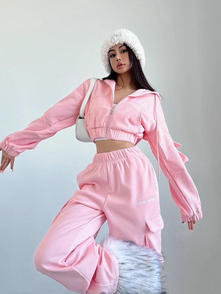 WOMENGAGA Short Zipper Sweatshirt Large Pocket Wide Leg Pants Two Piece Casual Plush Set For Winter Women Fashion Sweet 2PTB