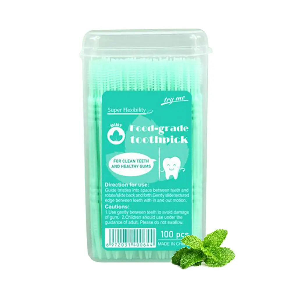 100pcs Flavored Toothpicks 2-Tip Teeth Cleaning with Soft Bristles for Stain Remover Mouth Care Hotel Restaurant Camping Supplie