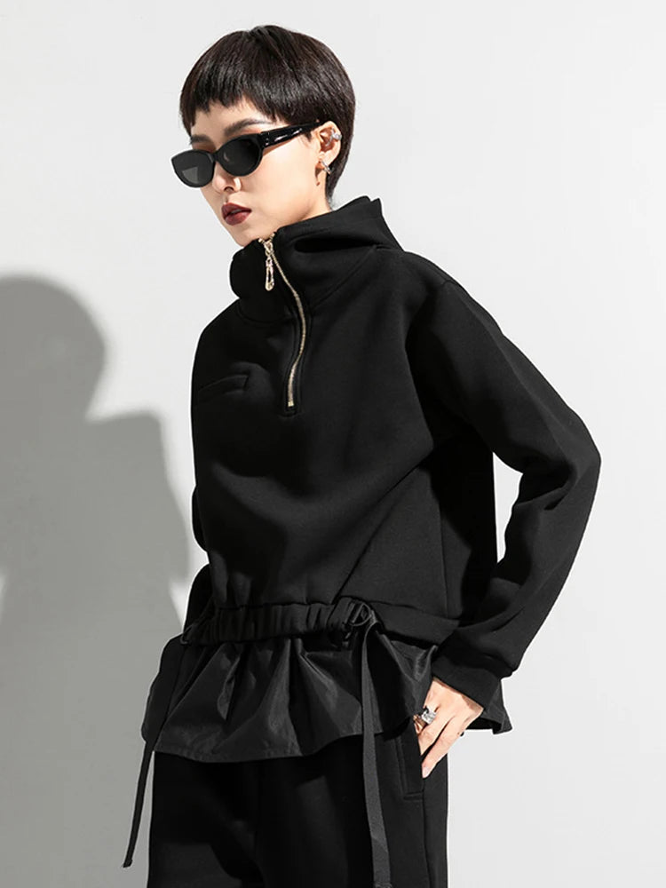 [EAM] Loose Fit Ruffles Spliced Sweatshirt New Hoooded Long Sleeve Women Big Size Fashion Tide Spring Autumn 2026 1DD2569