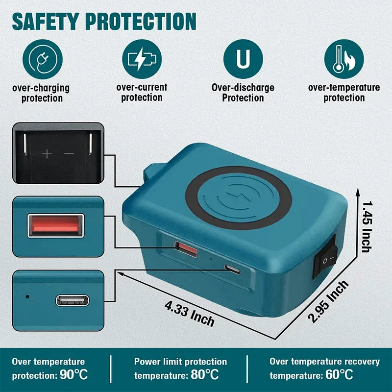 Tool Accessories Adapter For Makita For DeWalt For Milwaukee For Bosch 18V Li-ion Battery USB Type-C Power Bank Wireless Charger