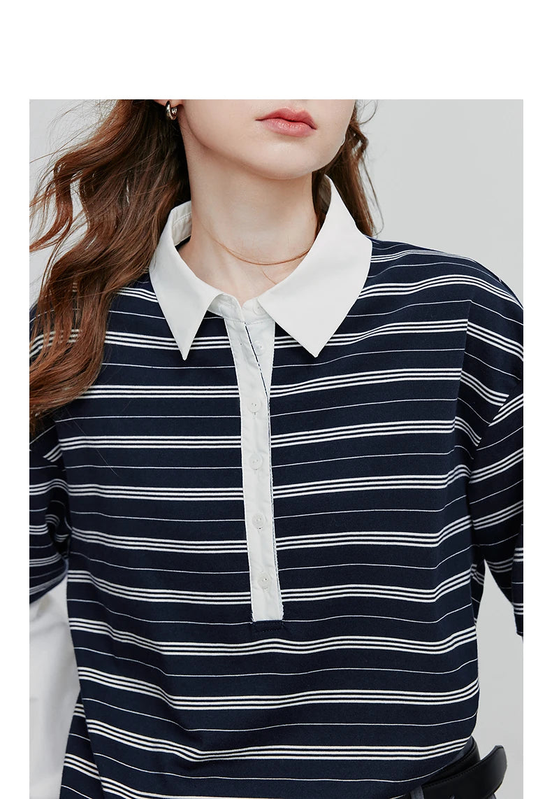 TOYOUTH Women Hoodies Sweatshirt 2025 Autumn New Spliced Fake Two Piece Polo Collar Striped Casual Pullover Tops