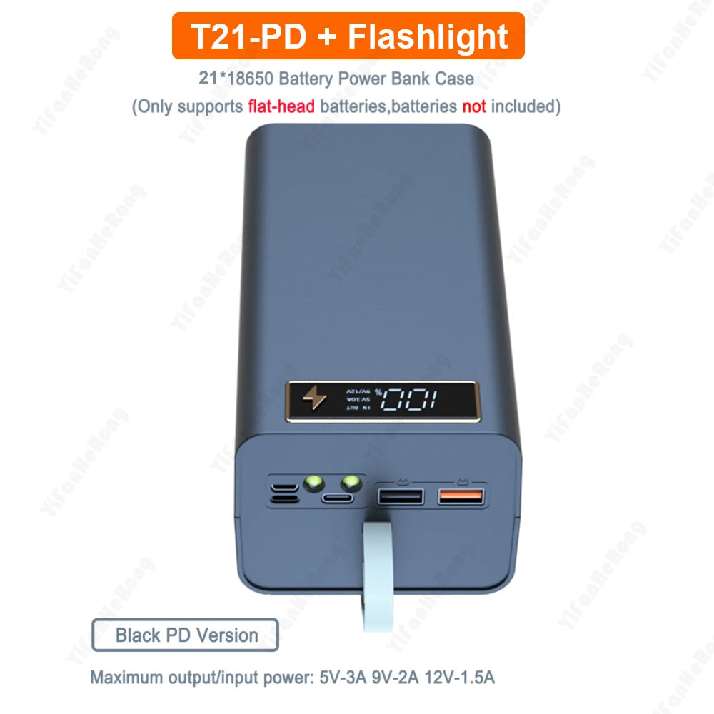 Dual USB 21*18650 Power Bank Battery Box Support Quick & Wireless Charger DIY Shell Case 18650 Battery Storage Box Holder