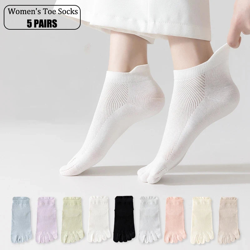 5 Pairs Summer Women Five Finger Socks 5 Pairs Candy Color Soft Cotton Breathable Mesh Split Toe Socks Girls Outdoor Sports Sock