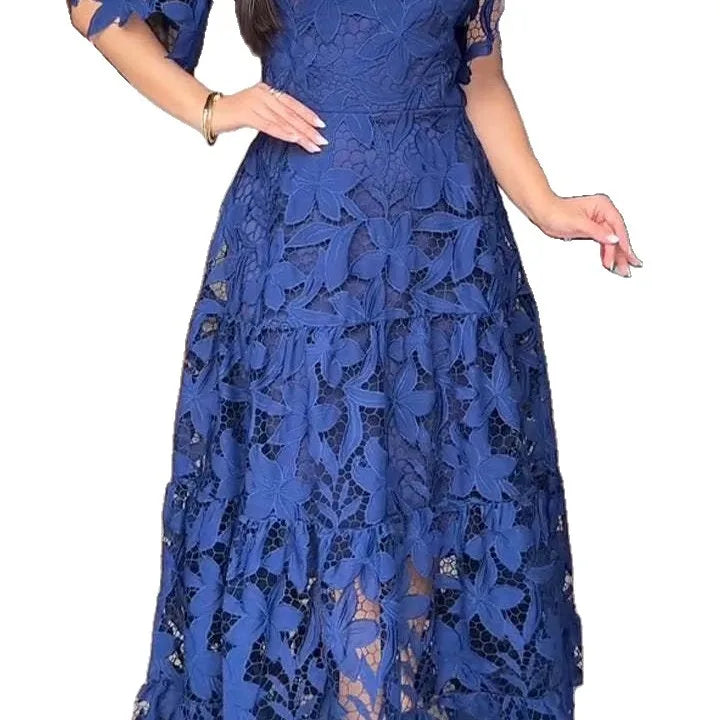 Women Hollow Out Dresses A Line Solid Dress Ankle