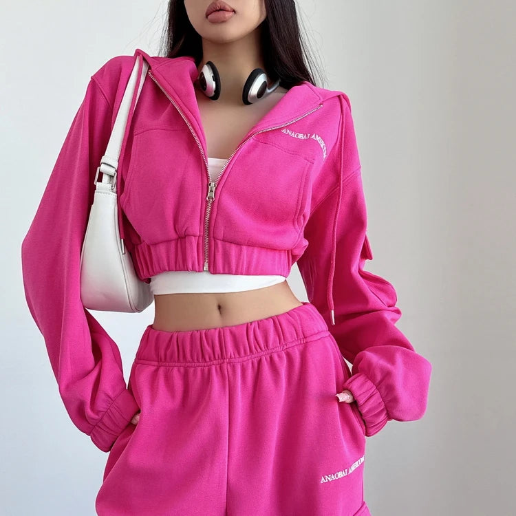 WOMENGAGA Short Zipper Sweatshirt Large Pocket Wide Leg Pants Two Piece Casual Plush Set For Winter Women Fashion Sweet 2PTB