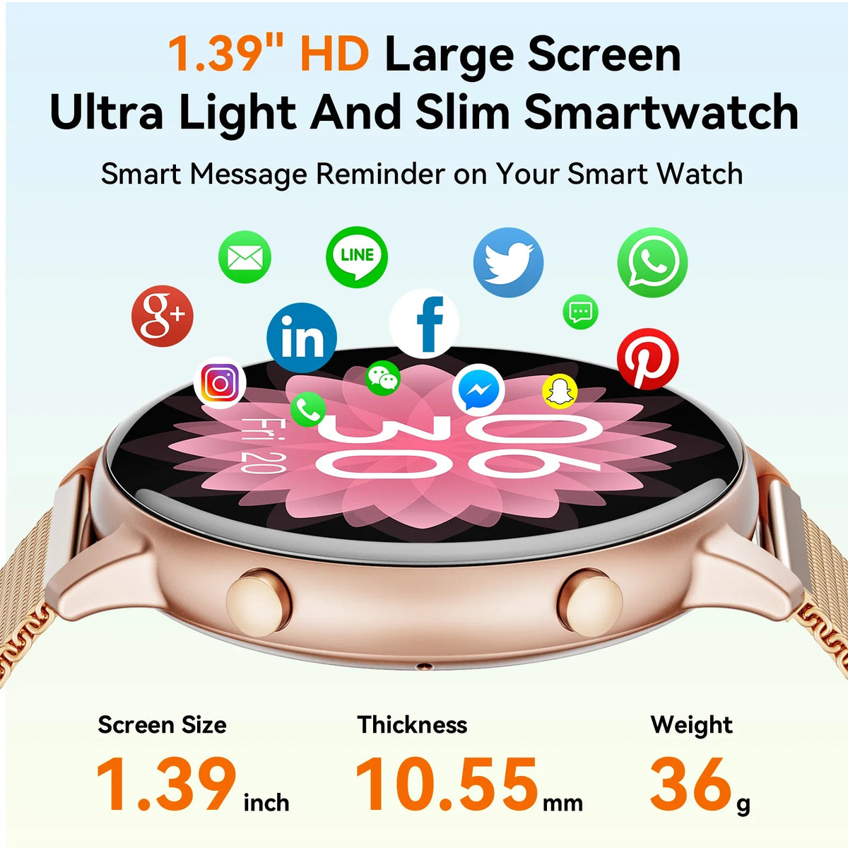 Women Rose Gold Smart Watch 1.39" Round Screen Bluetooth