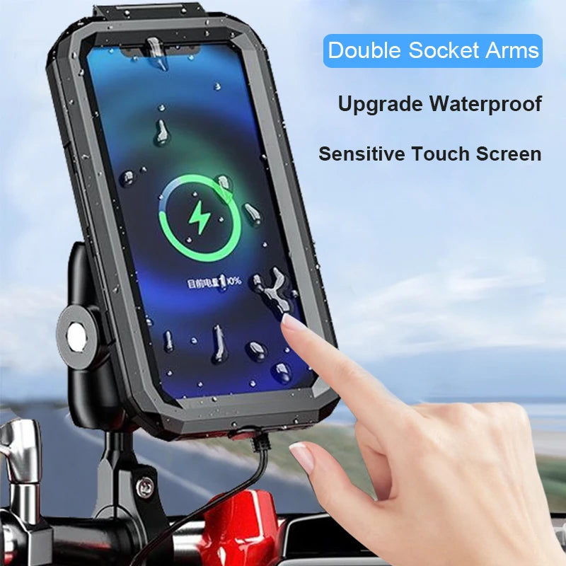 2022 Waterproof Case 12V Motorcycle Phone Holder Wireless Charger 15W Qi/ Type C PD USB Fast Charge Mount Box Double Socket Arms