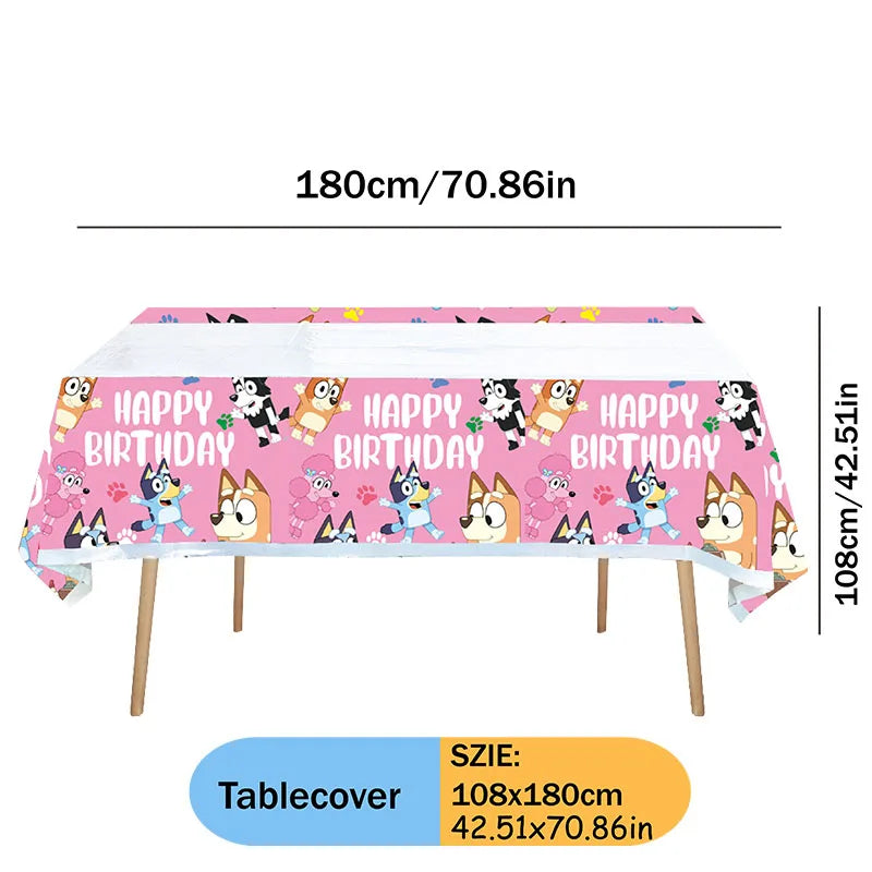 Bluey Pink Themed Cartoon Tablecloth  Bingo Dog Birthday Anime Celebration for Baby Shower Party Supplies Decoration Accessories
