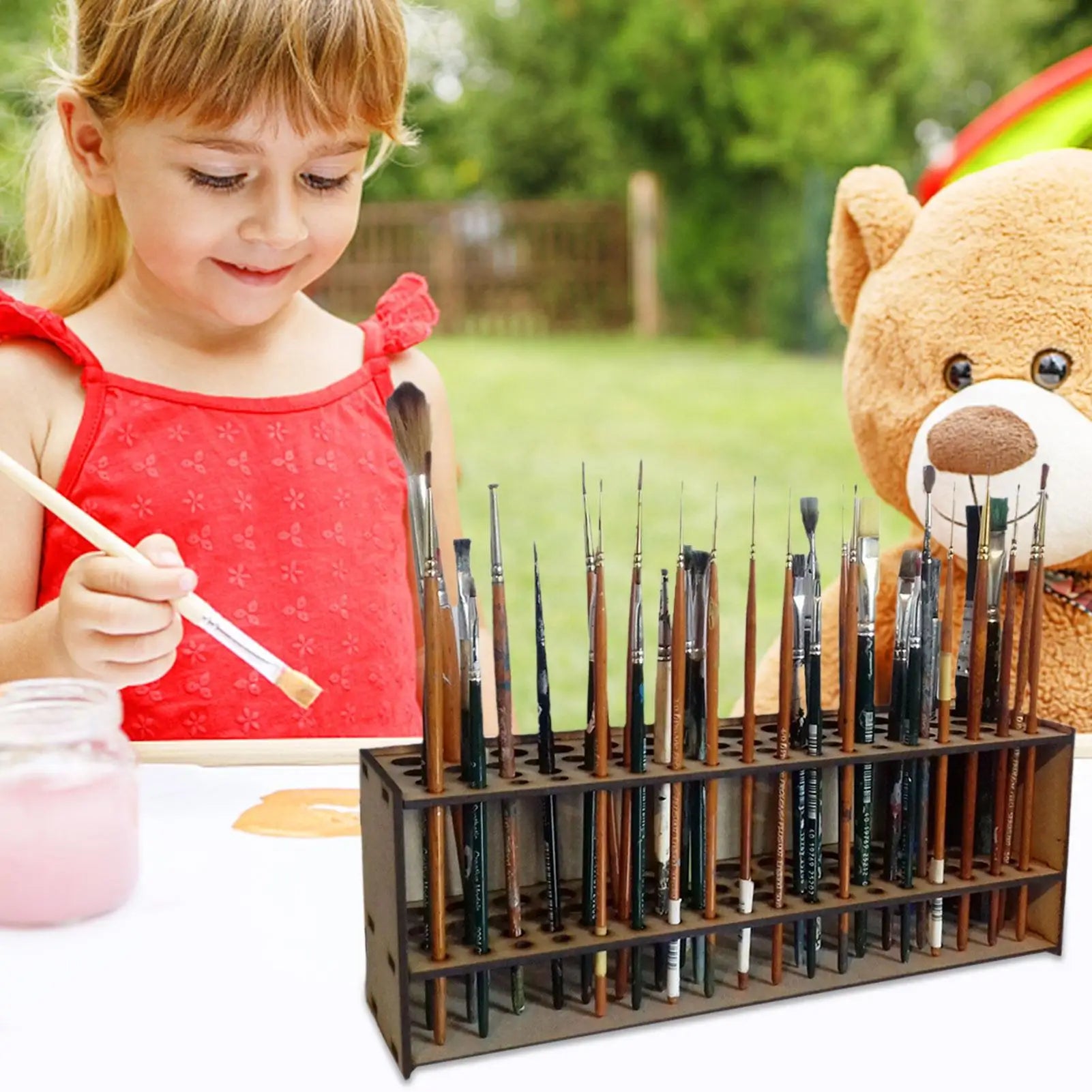 25CM Wall Wooden Brush Holder 67-Slot Premium Double-layer Durable Artist Desk Organizer Pencil Paint Brushes Storage Art Craft