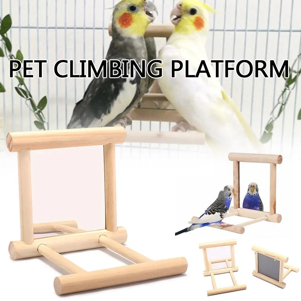 Bird Wooden Mirror Hanging Swing Interactive Play Toys for Parrot Budgies Parakeet Cockatiel Conure Lovebird Cage Accessories