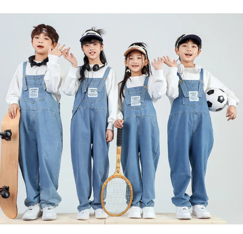 Boys Hip Hop Solid Sweatshirt Denim Loose Overalls Girls Crop Top Kids Dungaree Child Jumpsuit Street Dance Romper Streetwear