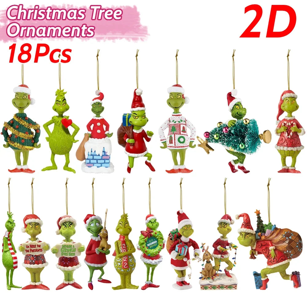 17pcs 2d Acrylic Christmas Tree Green Monsters Ornaments Cute
