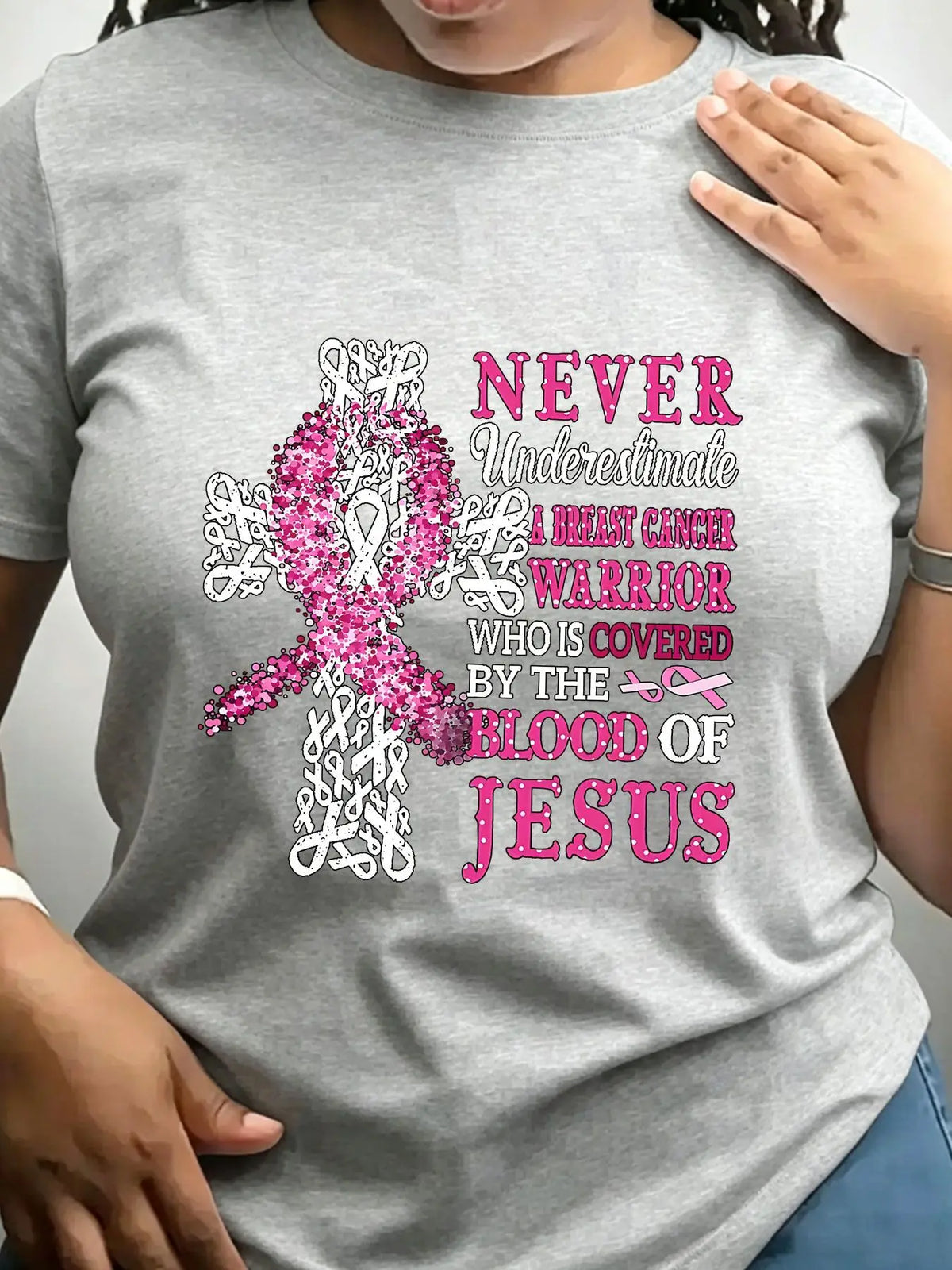 Women's Trendy Crew Neck T-Shirt Pink Ribbon Breast Cancer