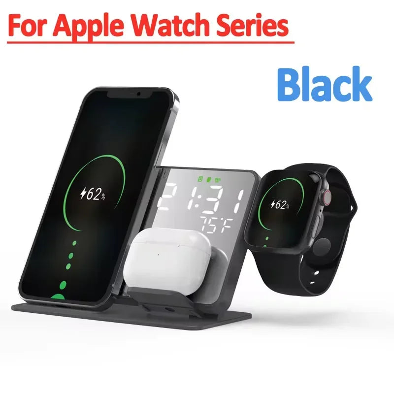 3 in 1 Wireless Charger For Apple Samsung Galaxy Watch 6 5 Pro S24 S23 S22 Fast Charging Station Alarm Clock Phone Charger Stand