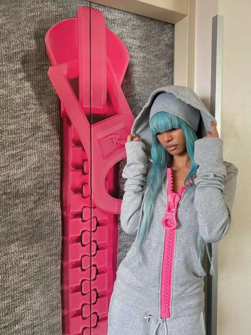 American fashion trend solid color oversized hoodie women's Y2K street Harajuku loose oversized zipper multi pocket hoodie