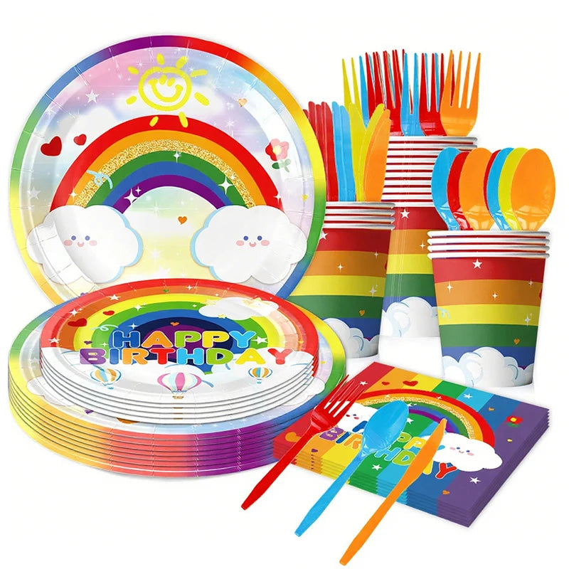 Rainbow Party Tableware Set Paper Plates Cups Napkins Tablecloth Banner Kids Boy Girl Happy Birthday Party Decoration Supplies